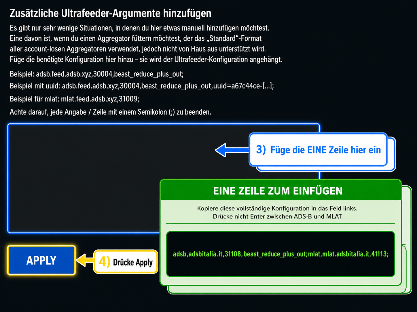 ADSB.im: füge die ADSBItalia-Zeilen ein und klicke auf Apply